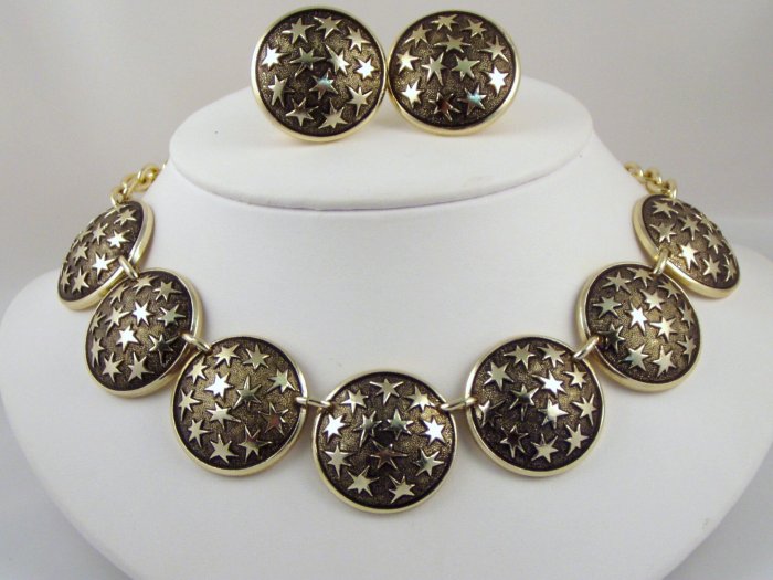 VINTAGE NECKLACE EARRINGS SET Black Textured Stars Celestial Moon Parure