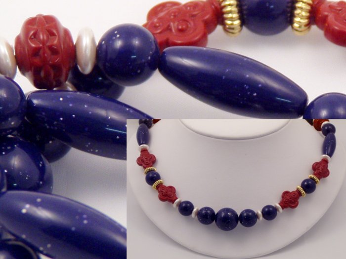 VINTAGE NECKLACE Faux Lapis Sparkly Blue Lucite Blood Red Bead