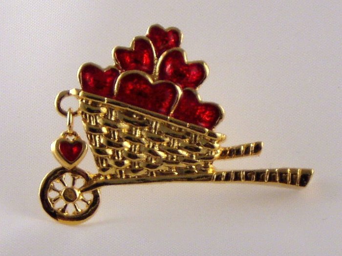 VINTAGE PIN Red Heart Wheel Barrow Gardenng Avon Enamel