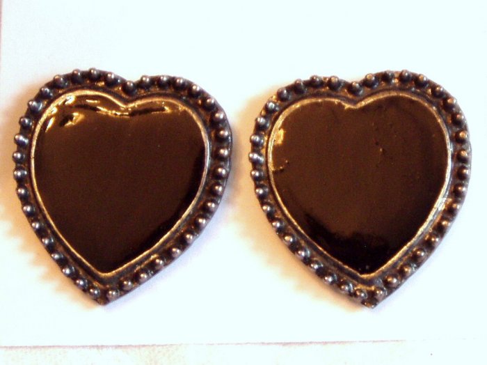 VINTAGE EARRINGS Black Enamel Hearts Pewter Clips WOW