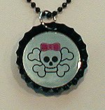 Lasered Mirror Bottle Cap Necklace SKULL w/ BOW