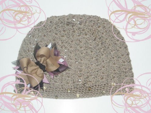 Mauve and Tan Boutique Hair Bow W/ Crochet Beanie Cap