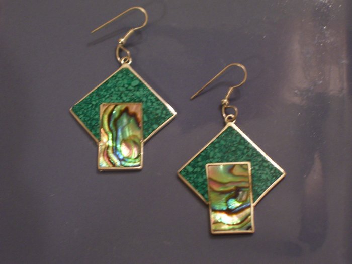 Vintage Mexican Turquoise Chip & Abalone Wire Earrings