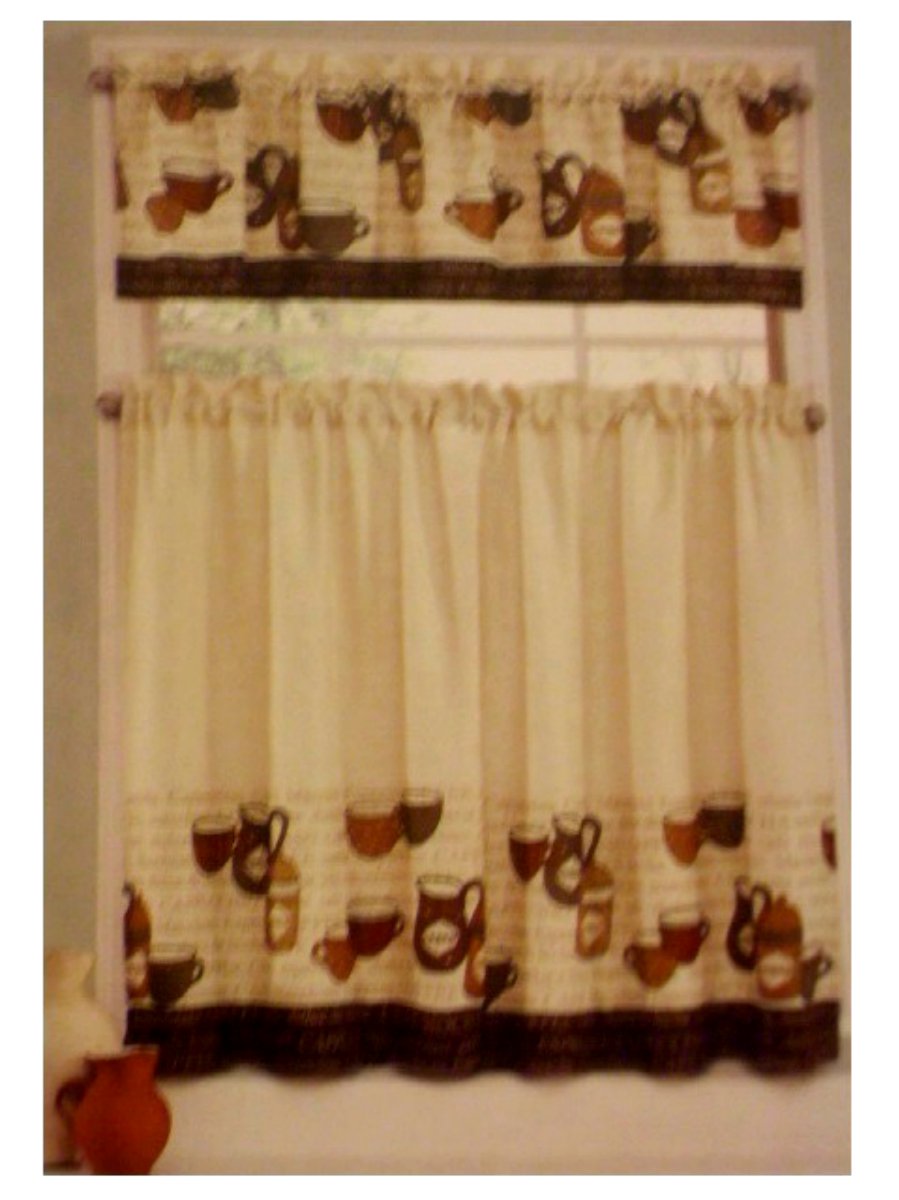 Coffee Cup Kitchen Curtains Tiers Valance Complete Set