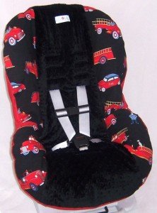 Fire engine truck toddler convertable car seat cover - red and black with minky dot