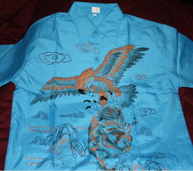 Mens turquoise shirt with eagle and tiger print