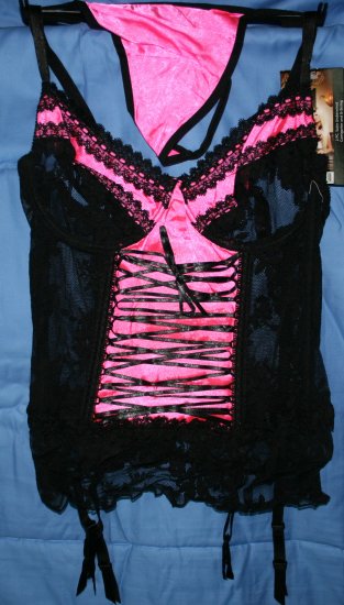 Pink satin and black lace trim corset Large