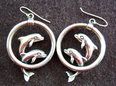 Sterling Silver Earrings Dolphins Designer Hoops