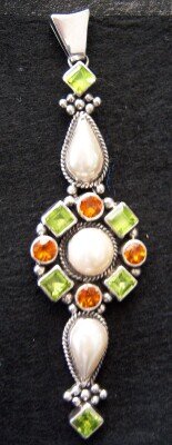 Pendant Sterling Silver Peridots Pearls Citrines Ladies Stunning Long Intricate Design