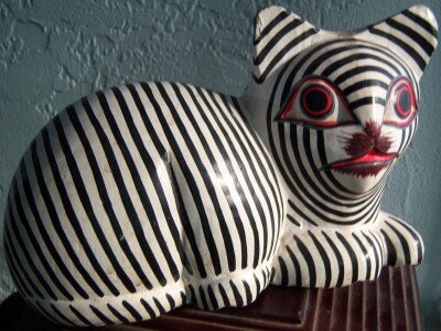 Cat Laurel Burch Style Wood Solid Black White Stripes Adorable Face