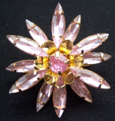 Pink Rhinestones 3D Pin Brooch Multi Petal Flower Vintage