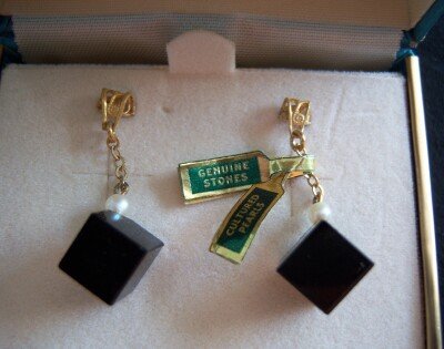 Earrings Black Onyx Cube Pearl on Chain Pierced NIB