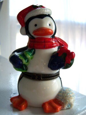 Penguin Santa Large Trinket Box Hat Scarf Tree Igloo