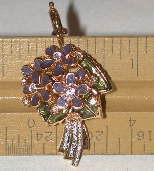 gold-tone Enamel Rhinestone purple Flower Charm bouquet signed FREE SHIPPING