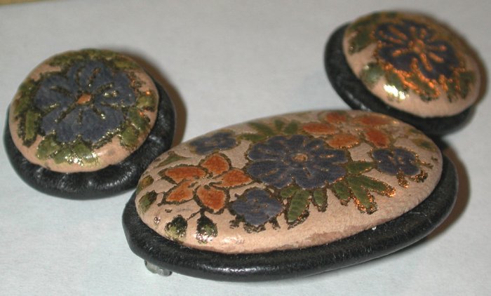 Leather Pin/brooch clip-on Earrings SET Vintage Floral Unique