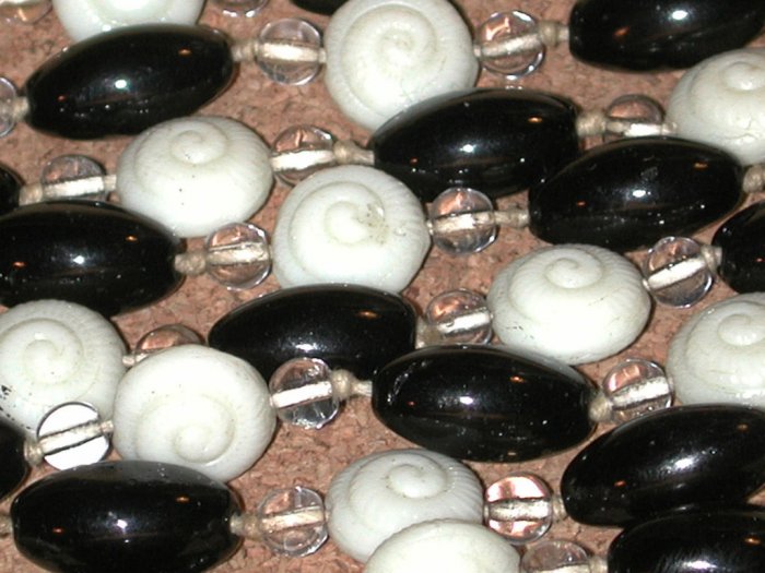 Vintage Czech Glass BEADS necklace long Black & Shell shape