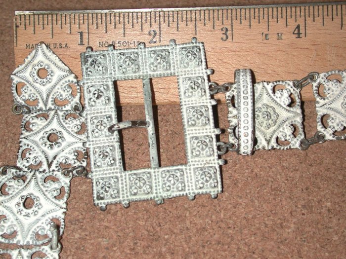 Fancy Old Vintage Antique Metal Belt w/buckle Victorian white finish