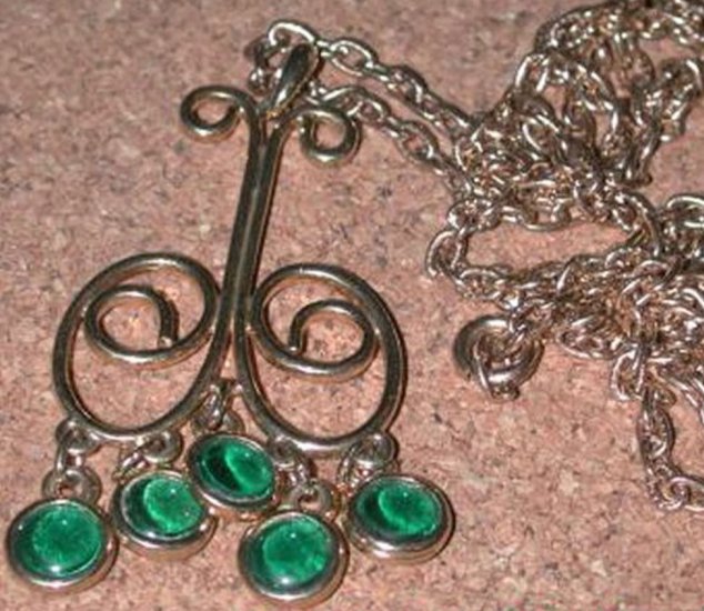 1960's Groovy Green Rhinestone Dangle Necklace Pendant Vintage