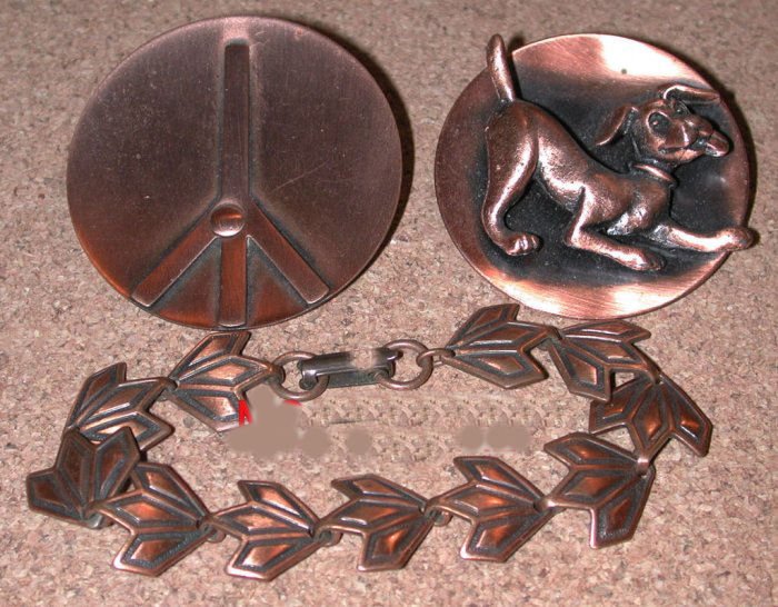Vintage Copper Jewelry Peace Sign Pin, Dog brooch, Bracelet LOT