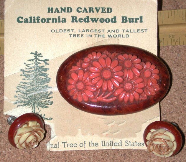 Calif Redwood Burl & Plastic Flower Pin Earrings Vintage