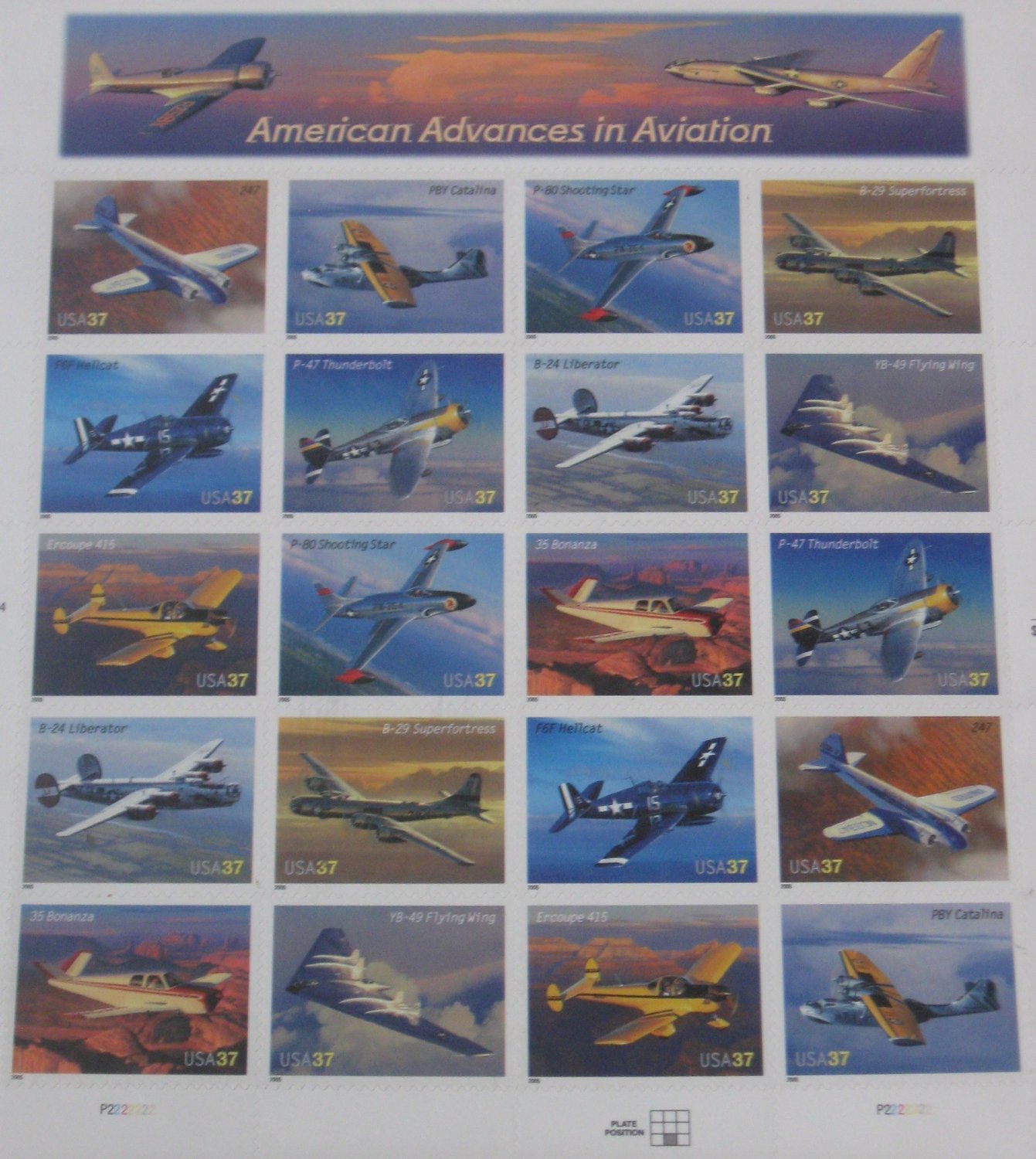American Advances in Aviation - Pane of 20 US Postage Stamps