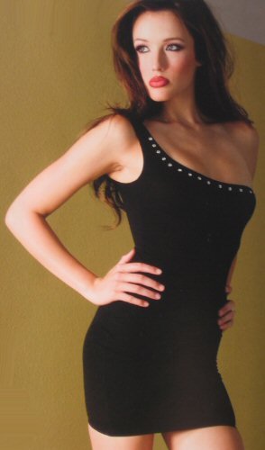 One shoulder mini-dress w/rhinestone trim
