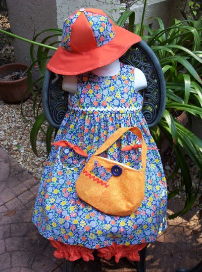 Little Girls Dress - Blue Floral Dress - Bloomers - Hat - Purse