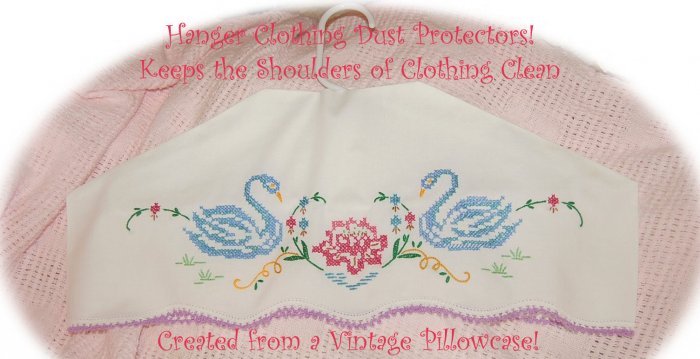 Hanger Cover - Clothing Protector - Embroidered Swans - Vintage Pillowcase