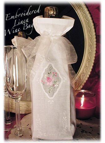 Linen Wine Bag - Gift Bags - Embroidered Roses - Special Occassion Gift Bags
