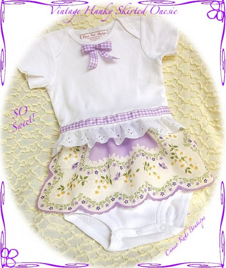 Vintage Hanky Baby Skirted Onesie - Butterflies - Vintage Inspired Altered Couture