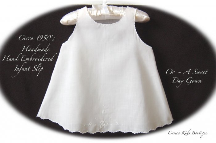 Vintage - White Baby Slip - Handmade - Hand Embroidered - Baby Clothing