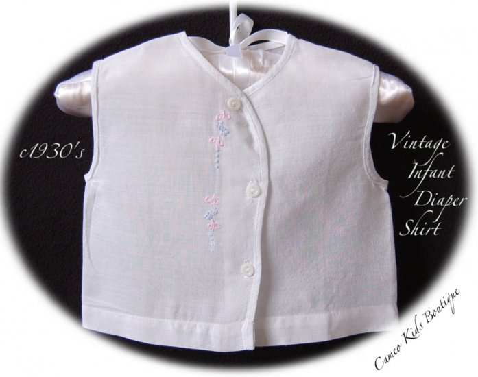White - Infant Diaper Shirt - Vintage Clothing - Handmade - Hand Embroidered