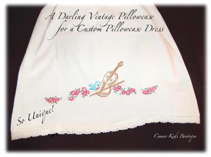 Pillowcase Dress - Chelsea - Sweet Embroidered Blue Bird on Violin