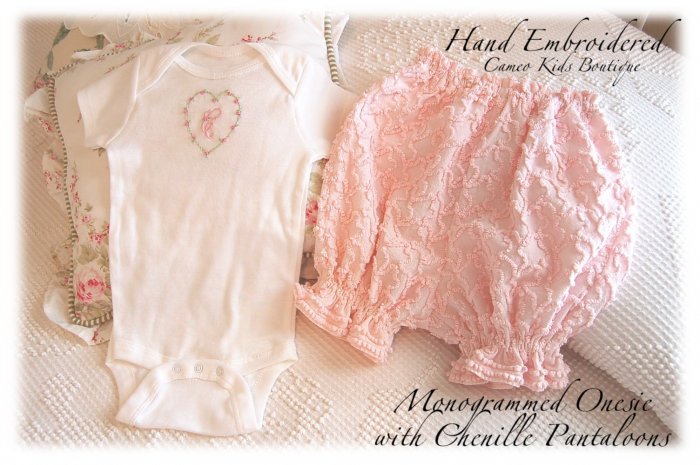 Monogrammed Onesie - Hand Embroidered - Squiggly Pink Chenille Pantaloons