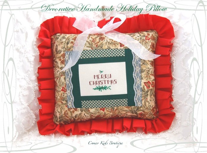 Decorative Cross Stitched - Christmas Pillow - Handmade - Holiday Home Decor