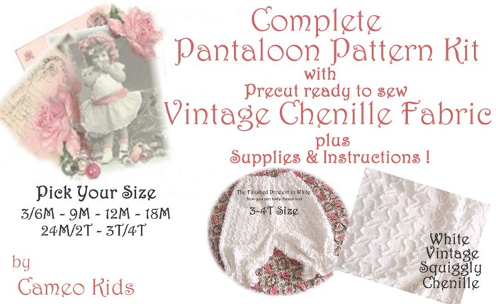 Vintage - White Squiggly Chenille - Pantaloons - Sewing Kit - 3M to 4T - Easy Instructions Supplies