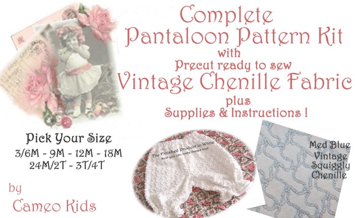 Med Blue - Vintage - Squiggly Chenille - Pantaloons - Sewing Kit - 3M to 4T - Instructions Supplies