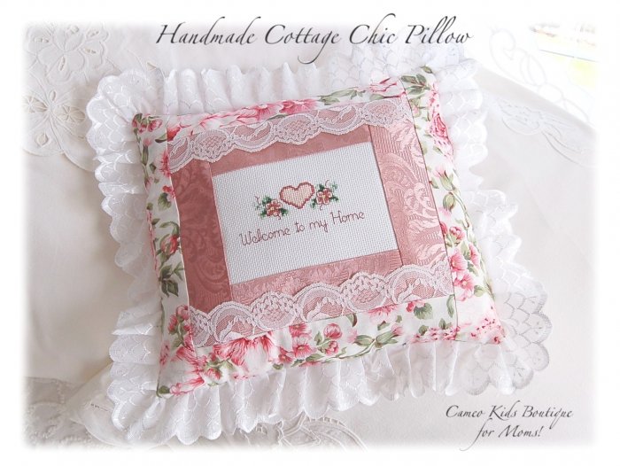 Cottage Chic - Welcome To My Home Pillow - Cross Stitch - Handmade - Home Decor