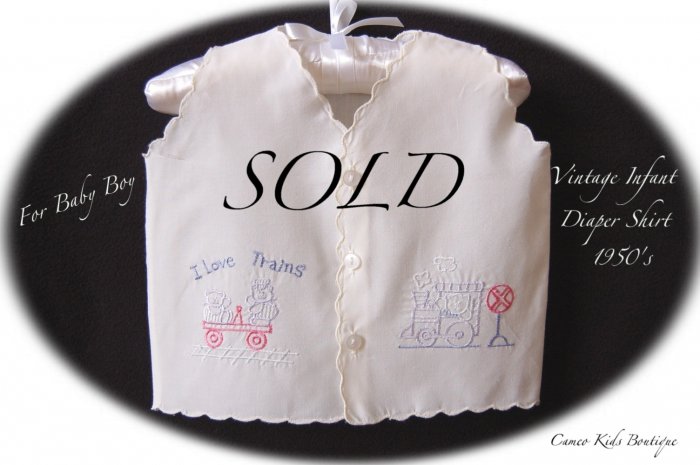 Baby Boy - Vintage Clothing - Infant Diaper Shirt - Trains and Bears - Handmade - Embroidered