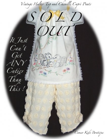 Boutique - OOAK - Little Girls Halter Top and Pant Set - Embroiderd - Vintage - Chenille