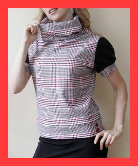 PAPAYA Plaid Cowl Neck Top with Puff Sleeves and Vintage Buttons - Large