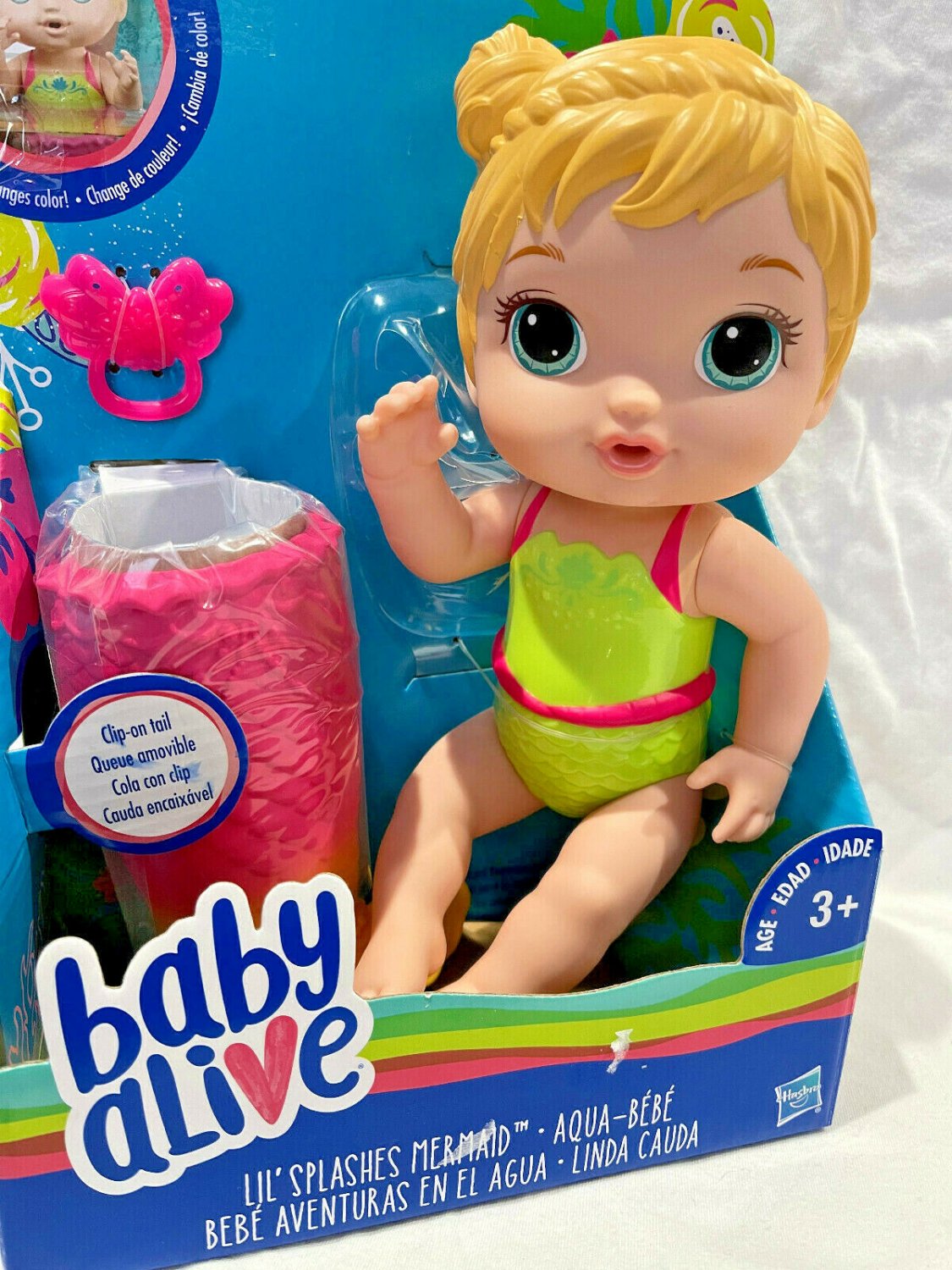 New Hasbro Blonde Hair Baby Alive Lil Splashes Mermaid Clipon Tail