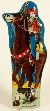 Vintage Tin Japanese Cowboy on Horse Whistle-blue