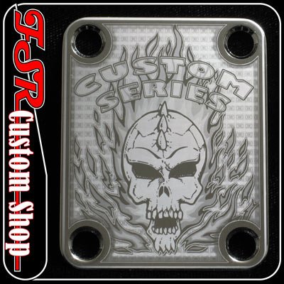 (C0021) CHROME SKULL/FLAMED NECK PLATE FITS GUITAR NECK/BODY
