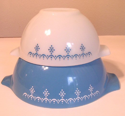 SOLD Two Vintage Pyrex Snowflake Pattern Cinderella Handle Kitchen Mixing Bowls SOLD