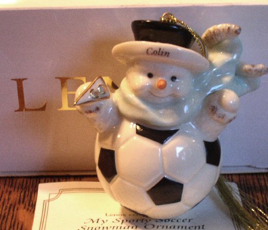 Lenox Fine China My Sporty Soccer Snowman Ornament Colin Handpainted 24 Karat Gold Mint In Box
