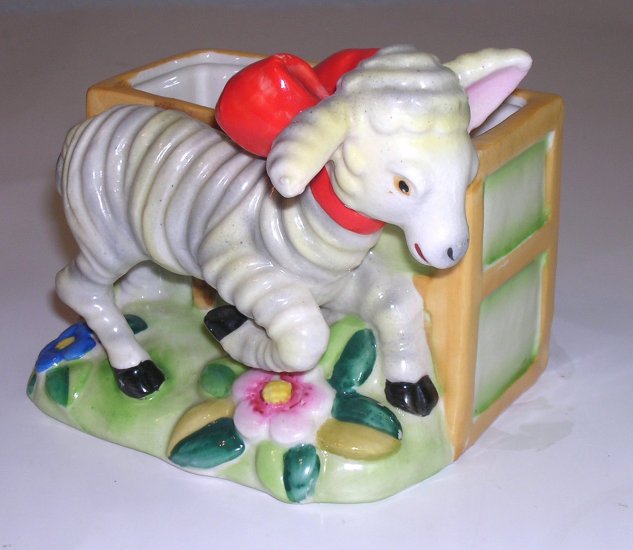 Vintage Lamb with Red Bow and Flowers Planter Vase Made In Japan