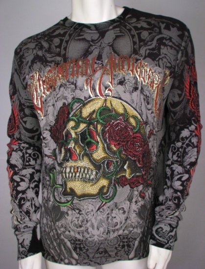 CHRISTIAN AUDIGIER RHINESTONE Skull & Roses Thermal T Shirt, M Medium