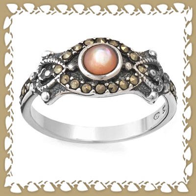 Beautiful Victorian Style Marcasite and Mother of Pearl Ring Sz 6