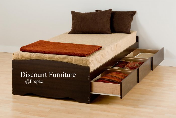 LONG TWIN PLATFORM BED WITH 3 DRAWER STORAGE IN ES[RESSO COLOR BY PREPAC